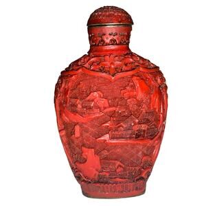 Chinese Carved Cinnabar Lacquer Snuff bottle Qianlong Mark No Top Village